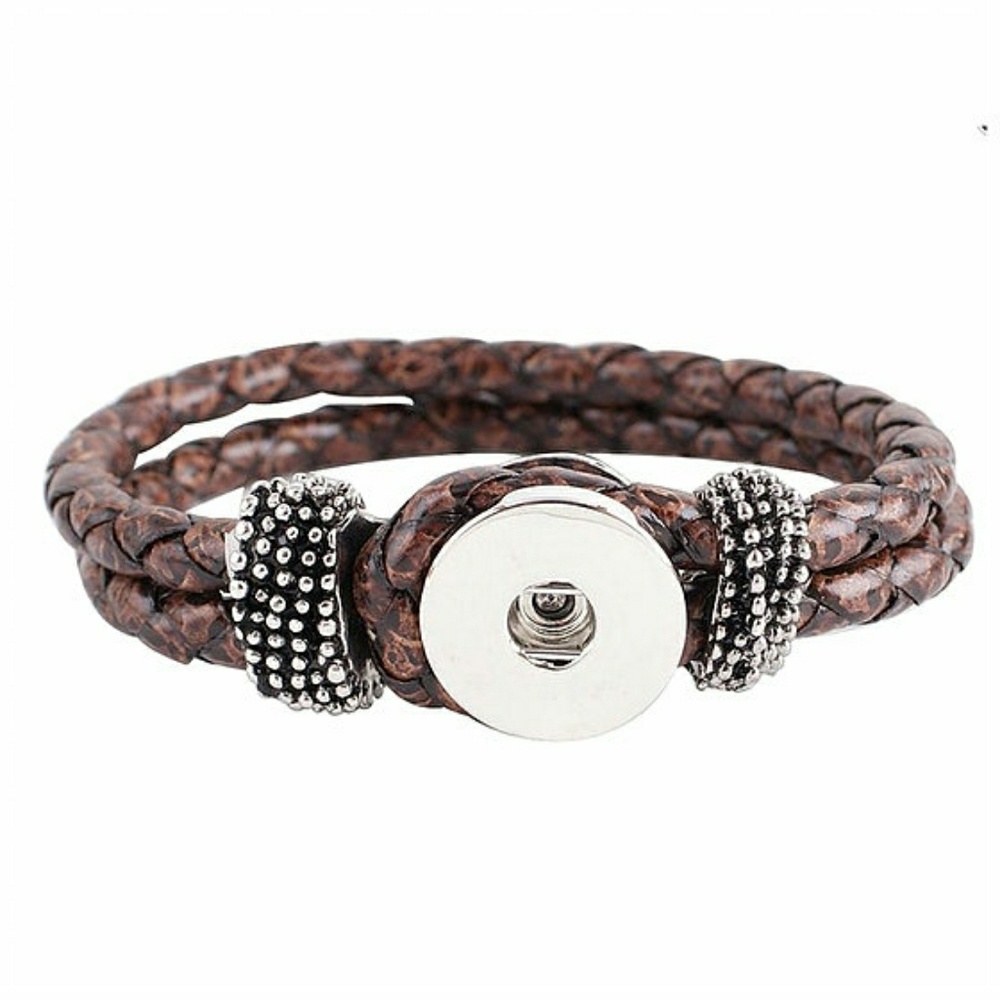 Snap Button Jewelry Brown Braided Leather Bracelet